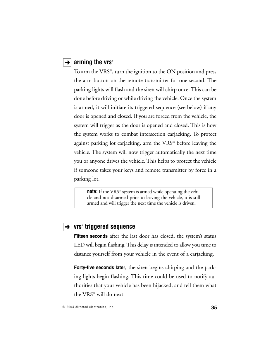 Arming the vrs, Triggered sequence | Directed Electronics 690XV User Manual | Page 38 / 45