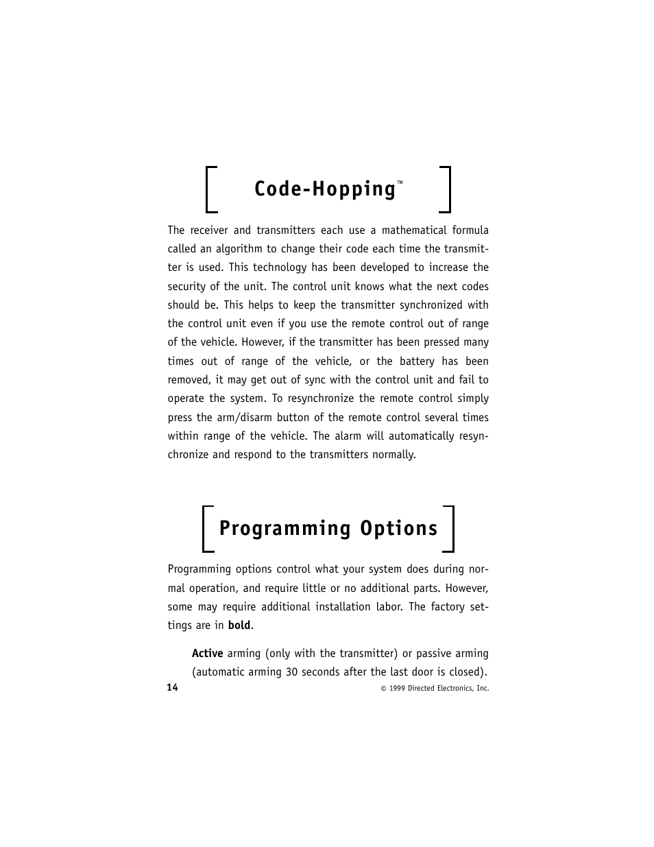 Code-hopping, Programming options | Directed Electronics 730T User Manual | Page 18 / 28