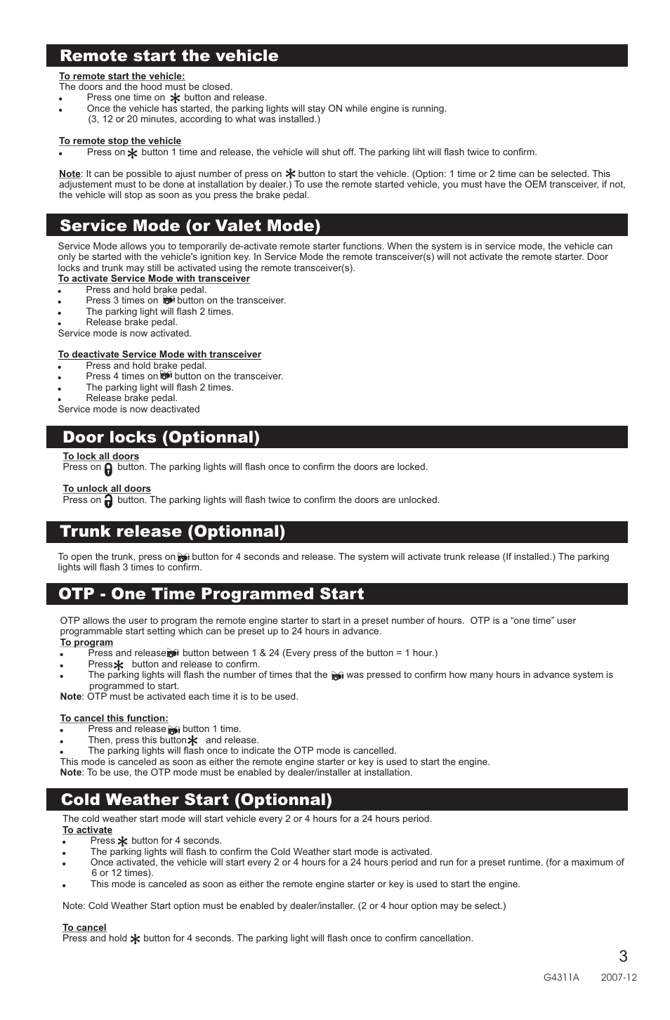Door locks (optionnal), Trunk release (optionnal), Otp - one time programmed start | Cold weather start (optionnal) | Directed Electronics AM15 User Manual | Page 3 / 6