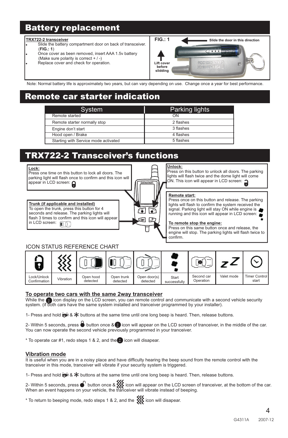 Battery replacement, Remote car starter indication, Trx722-2 transceiver’s functions | System parking lights, Icon status reference chart, Vibration mode | Directed Electronics AM15 User Manual | Page 4 / 6