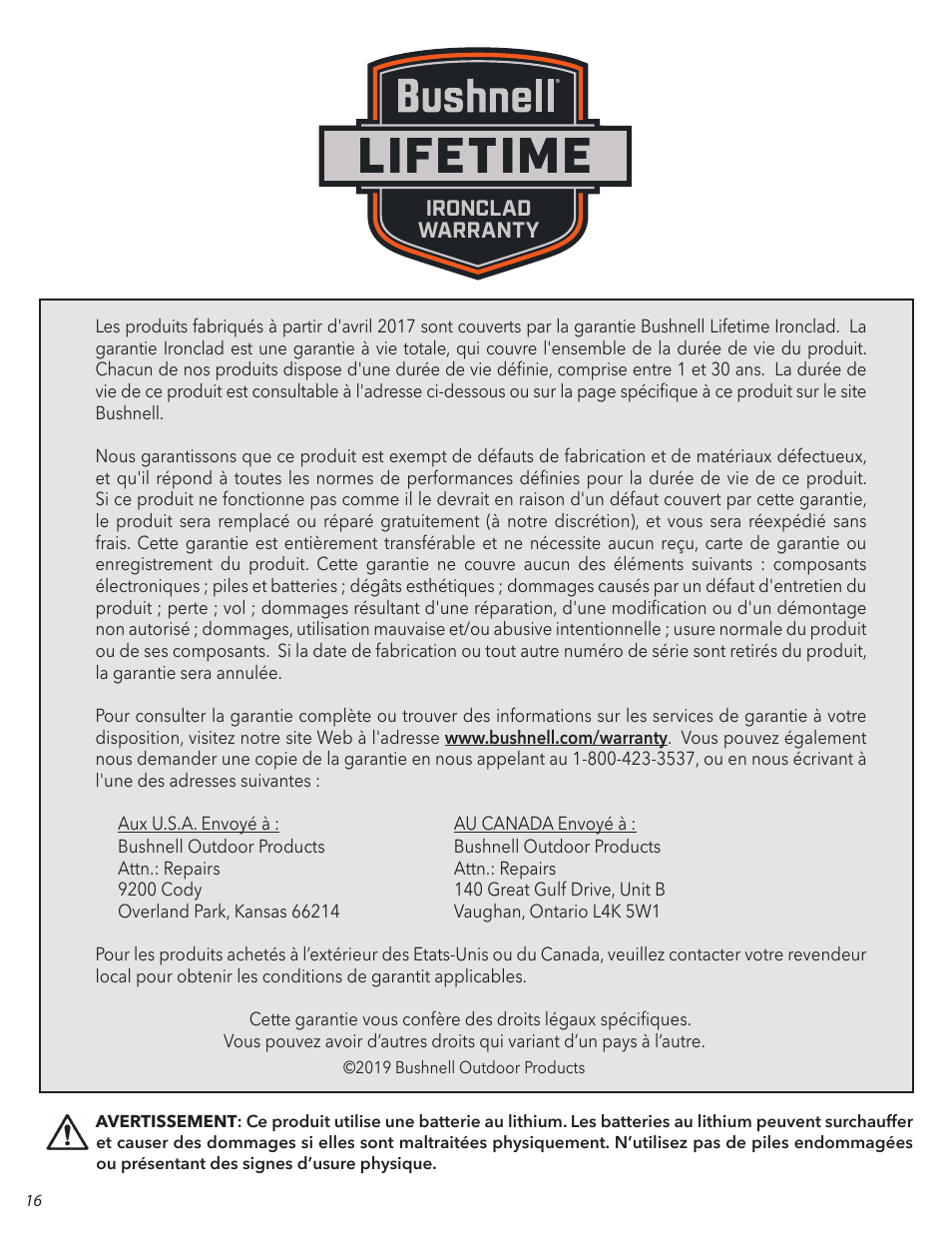 Lifetime | Bushnell 6x24 Prime 1300 Laser Rangefinder (Black) User Manual | Page 16 / 42