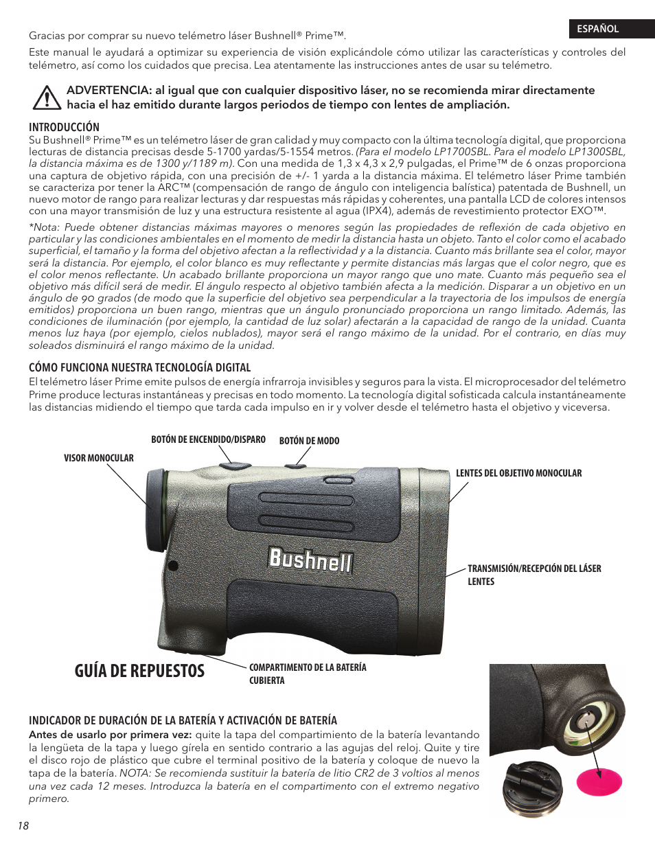 Guía de repuestos | Bushnell 6x24 Prime 1300 Laser Rangefinder (Black) User Manual | Page 18 / 42