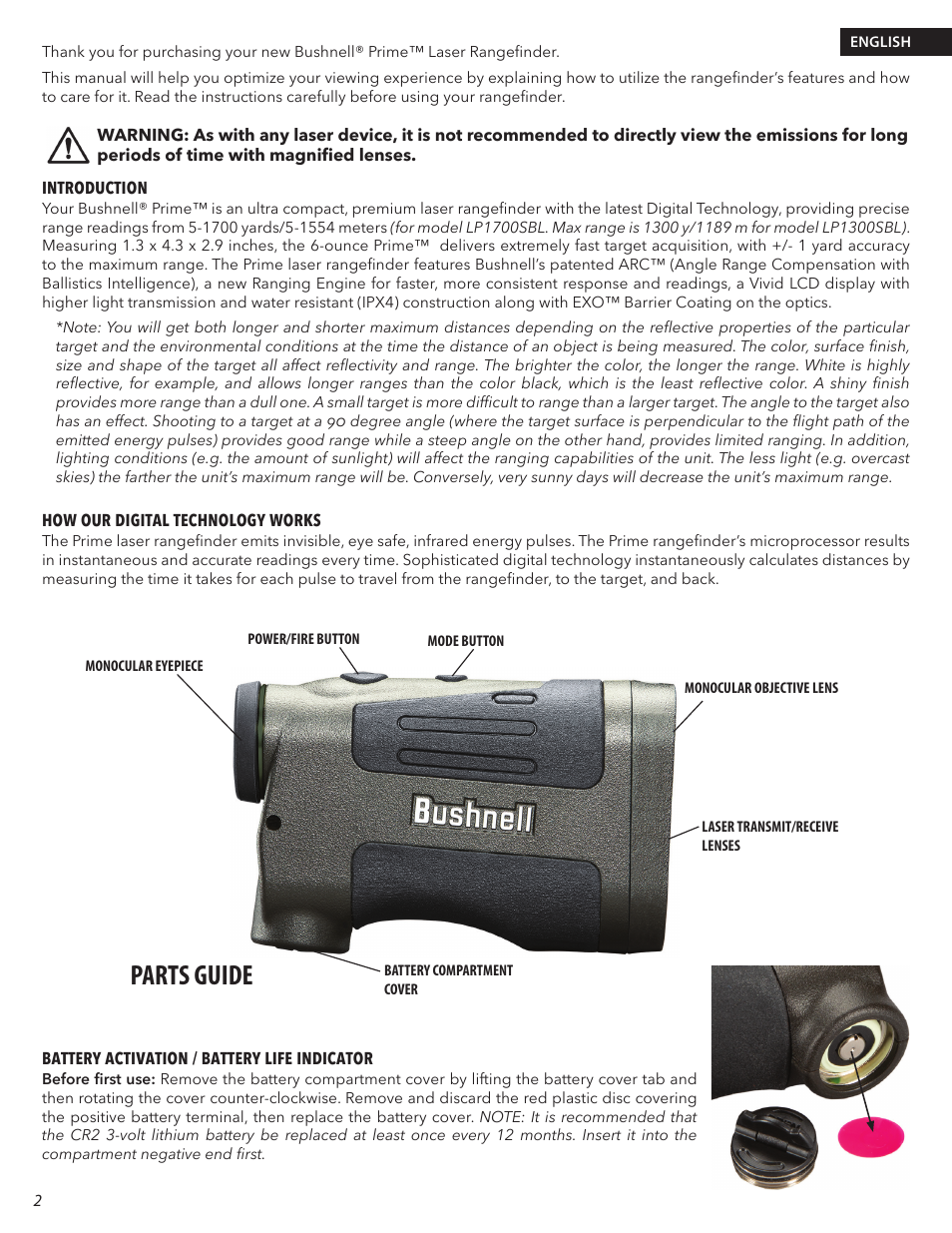 Parts guide | Bushnell 6x24 Prime 1300 Laser Rangefinder (Black) User Manual | Page 2 / 42