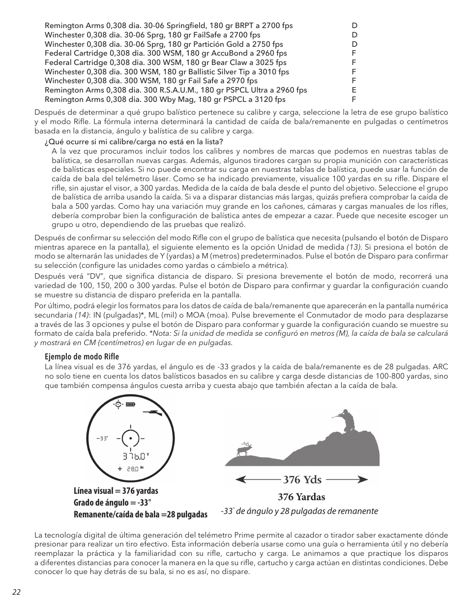 376 yardas | Bushnell 6x24 Prime 1300 Laser Rangefinder (Black) User Manual | Page 22 / 42