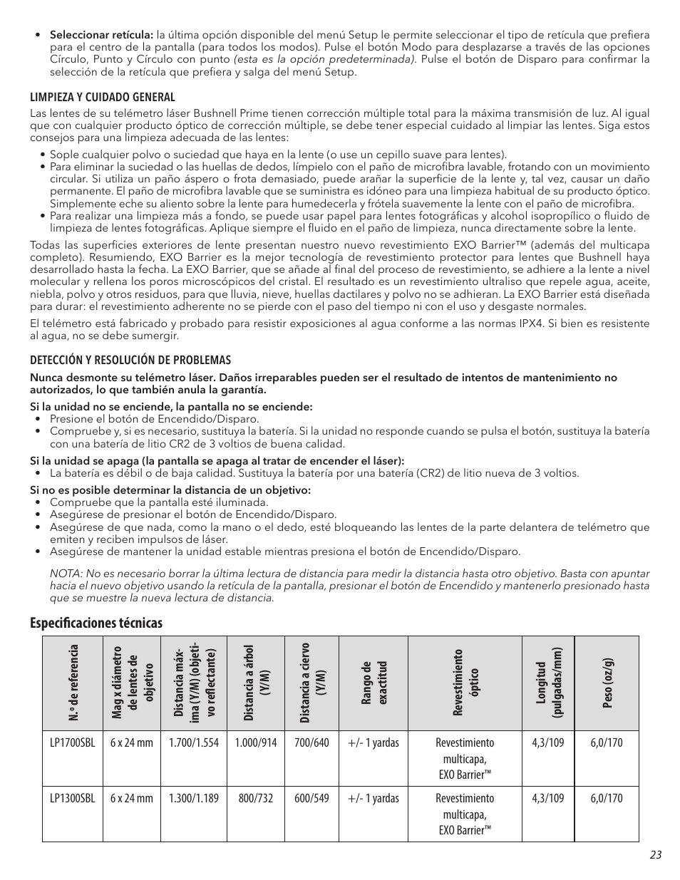 Especificaciones técnicas | Bushnell 6x24 Prime 1300 Laser Rangefinder (Black) User Manual | Page 23 / 42