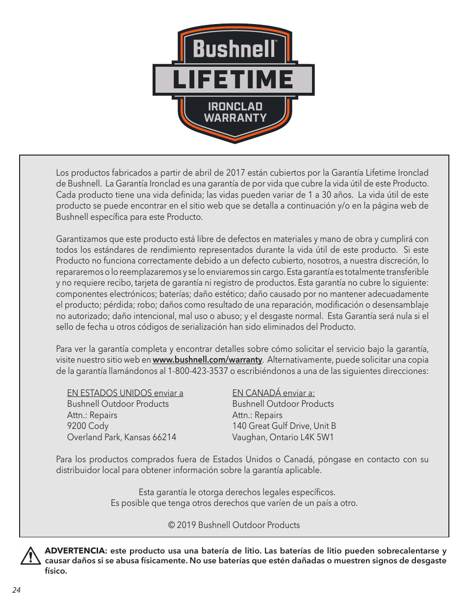 Lifetime, Ironclad warranty | Bushnell 6x24 Prime 1300 Laser Rangefinder (Black) User Manual | Page 24 / 42