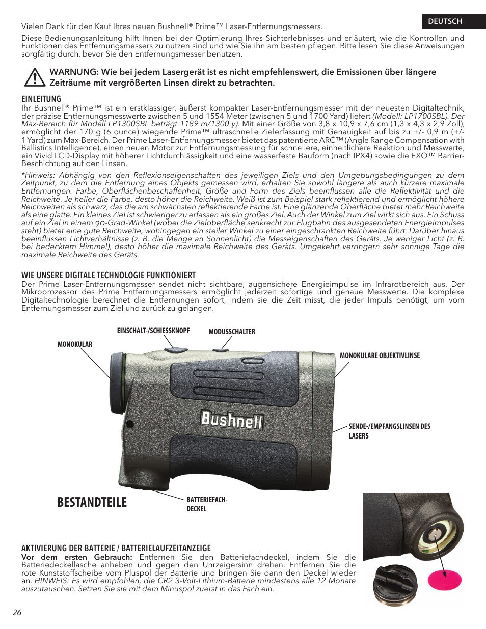 Bestandteile | Bushnell 6x24 Prime 1300 Laser Rangefinder (Black) User Manual | Page 26 / 42