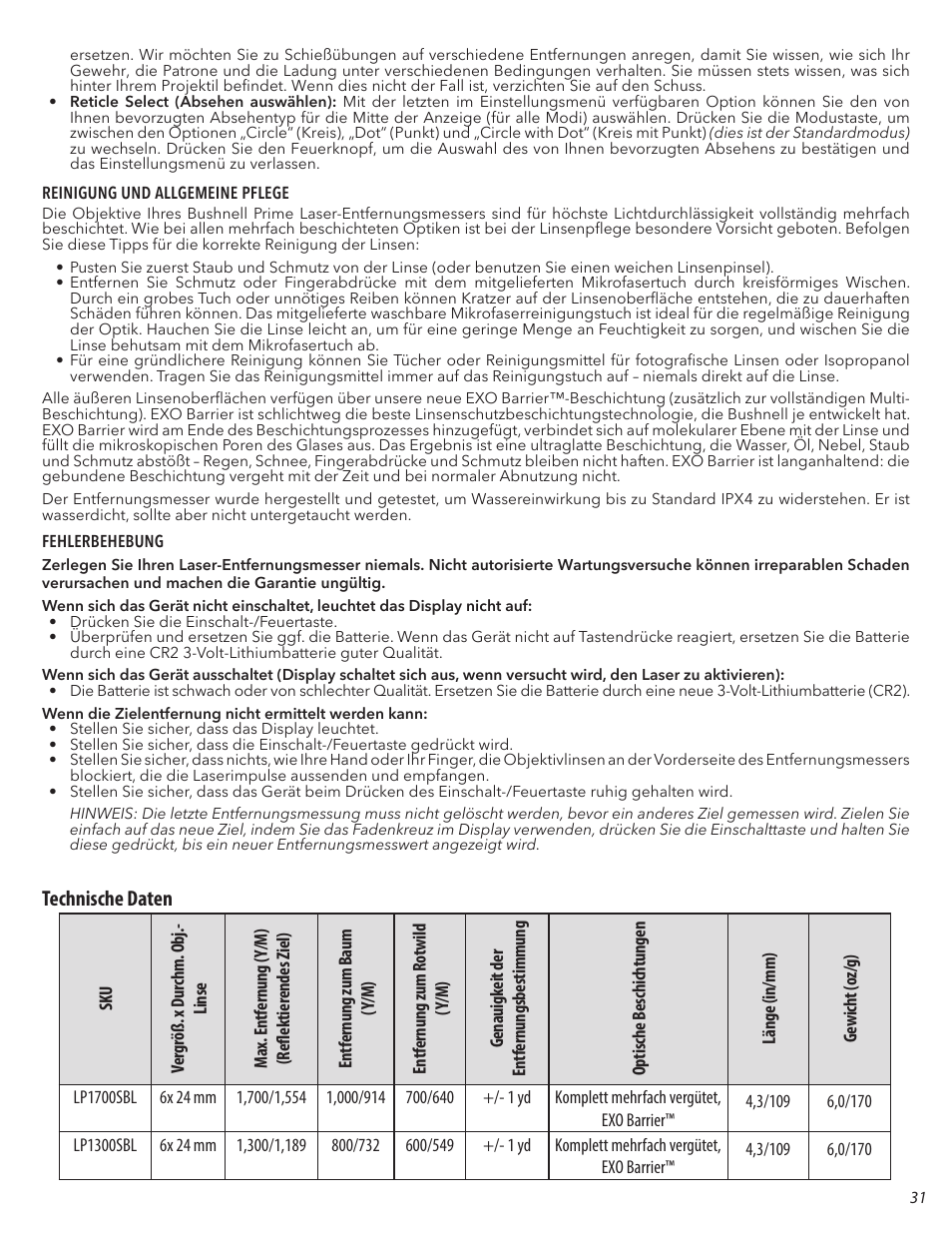 Technische daten | Bushnell 6x24 Prime 1300 Laser Rangefinder (Black) User Manual | Page 31 / 42