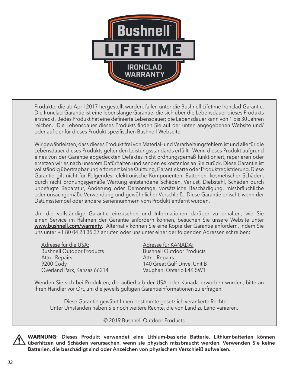 Lifetime, Ironclad warranty | Bushnell 6x24 Prime 1300 Laser Rangefinder (Black) User Manual | Page 32 / 42