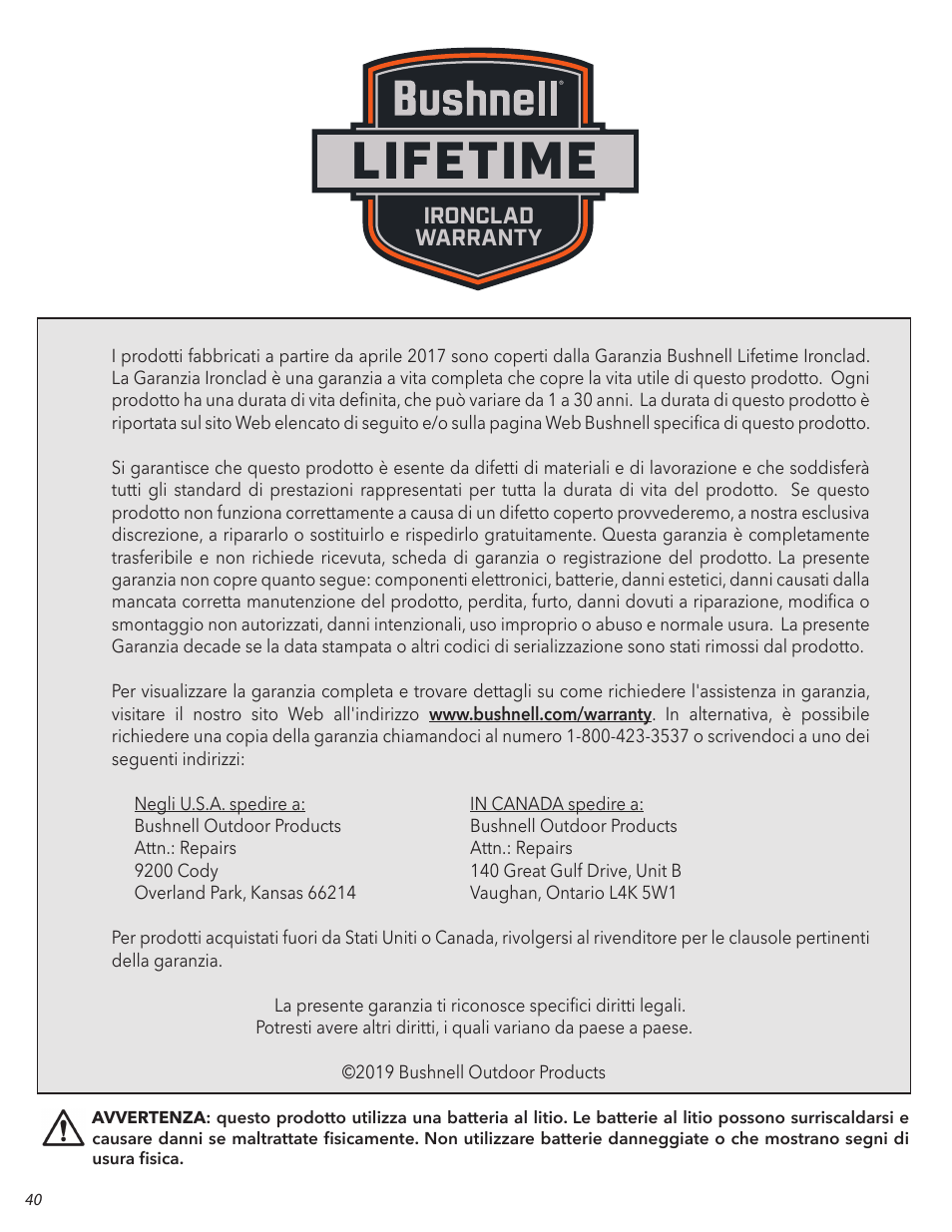 Lifetime, Ironclad warranty | Bushnell 6x24 Prime 1300 Laser Rangefinder (Black) User Manual | Page 40 / 42