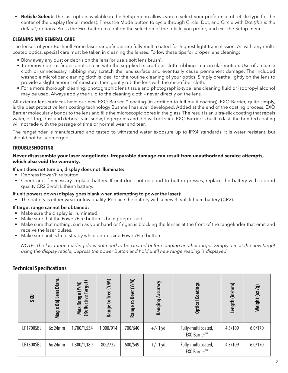 Technical specifications | Bushnell 6x24 Prime 1300 Laser Rangefinder (Black) User Manual | Page 7 / 42