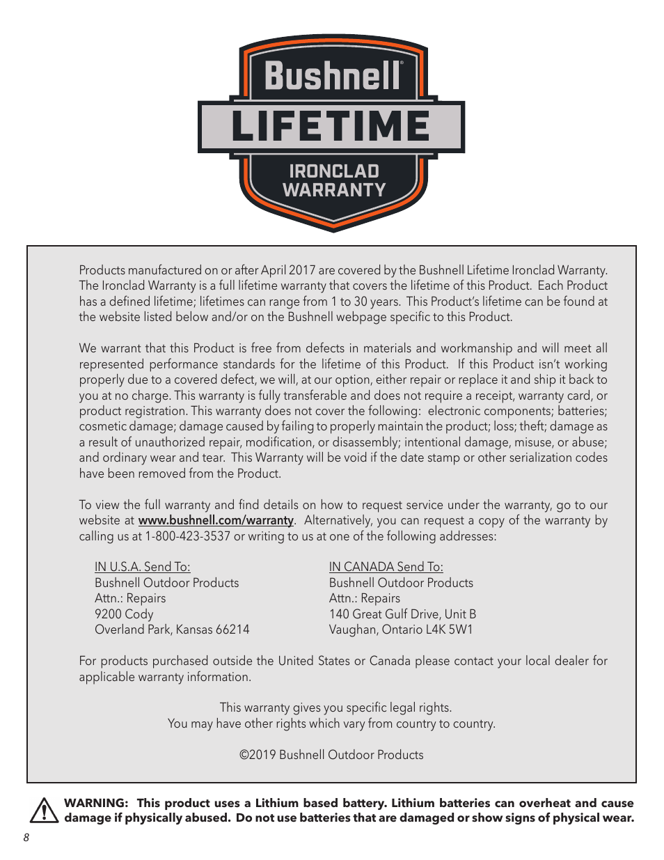 Lifetime, Ironclad warranty | Bushnell 6x24 Prime 1300 Laser Rangefinder (Black) User Manual | Page 8 / 42