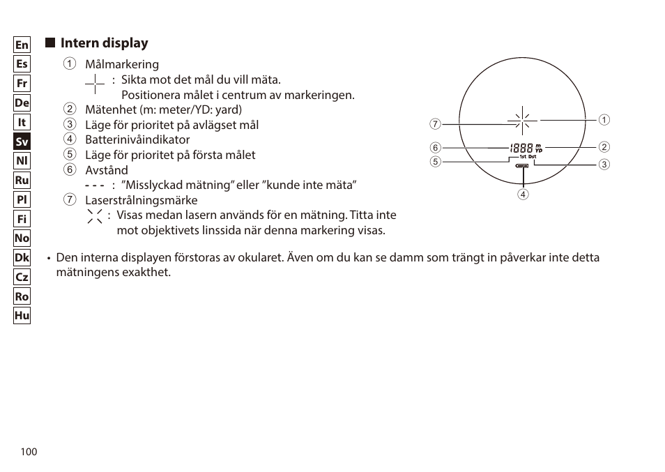 Intern display | Nikon 6x20 Prostaff 1000 Rangefinder User Manual | Page 100 / 276