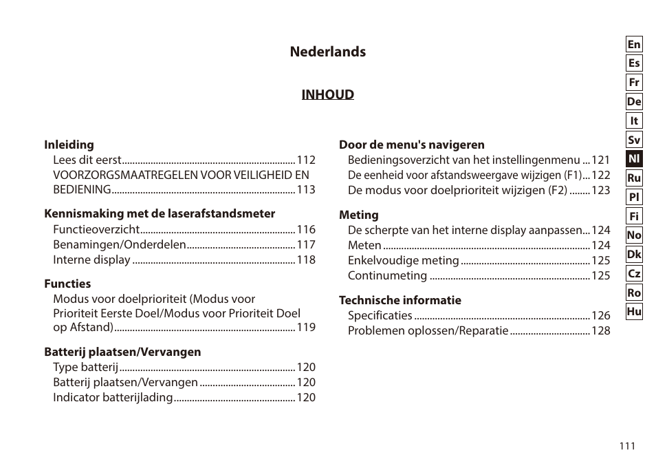 Nederlands | Nikon 6x20 Prostaff 1000 Rangefinder User Manual | Page 111 / 276