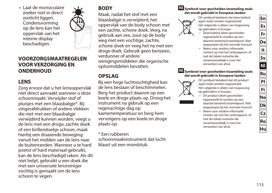 Body, Opslag | Nikon 6x20 Prostaff 1000 Rangefinder User Manual | Page 115 / 276