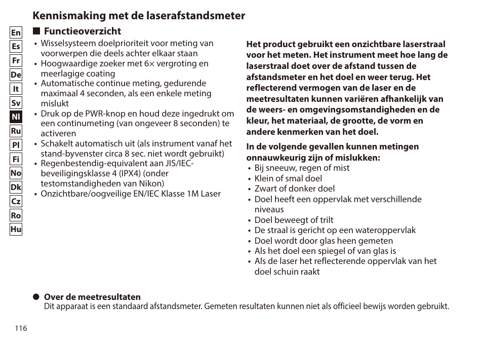 Kennismaking met de laserafstandsmeter, Functieoverzicht | Nikon 6x20 Prostaff 1000 Rangefinder User Manual | Page 116 / 276