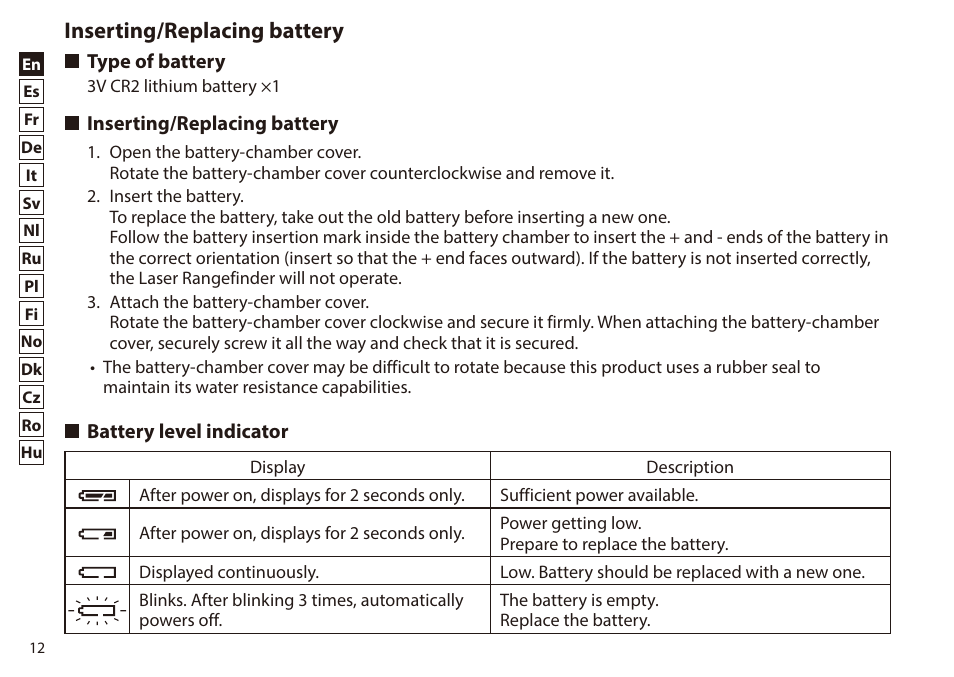 Inserting/replacing battery, Type of battery, Battery level indicator | Nikon 6x20 Prostaff 1000 Rangefinder User Manual | Page 12 / 276