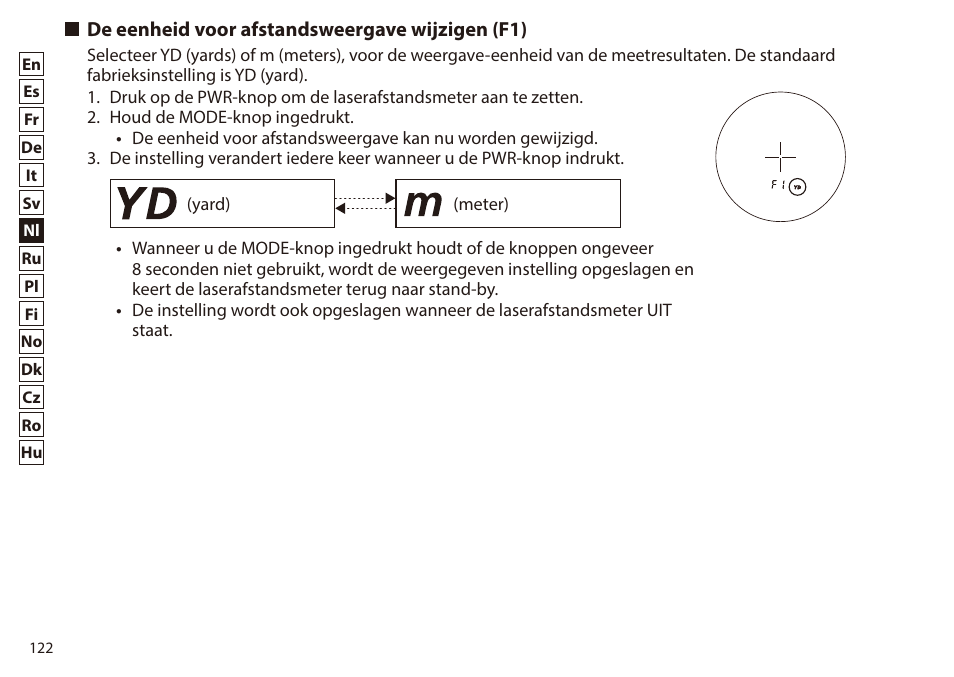 De eenheid voor afstandsweergave wijzigen (f1) | Nikon 6x20 Prostaff 1000 Rangefinder User Manual | Page 122 / 276