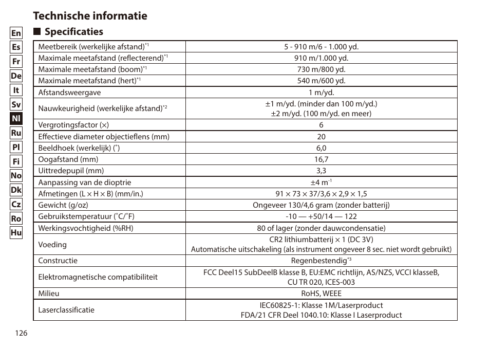 Technische informatie, Specificaties | Nikon 6x20 Prostaff 1000 Rangefinder User Manual | Page 126 / 276