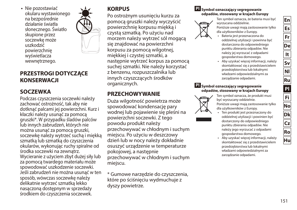 Przestrogi dotyczące konserwacji soczewka, Korpus, Przechowywanie | Nikon 6x20 Prostaff 1000 Rangefinder User Manual | Page 151 / 276