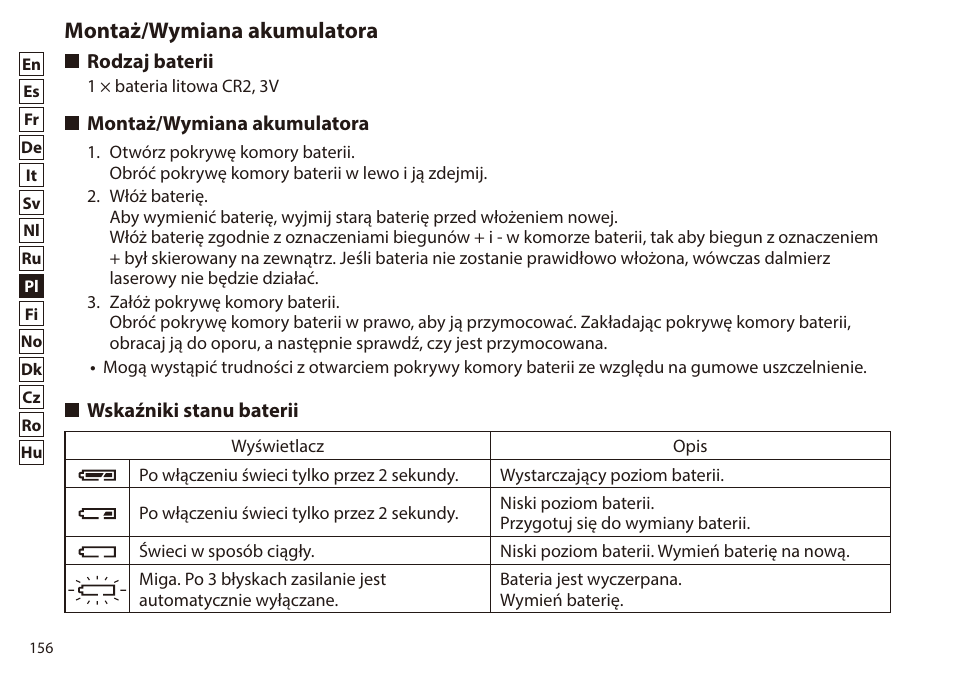 Montaż/wymiana akumulatora, Rodzaj baterii, Wskaźniki stanu baterii | Nikon 6x20 Prostaff 1000 Rangefinder User Manual | Page 156 / 276