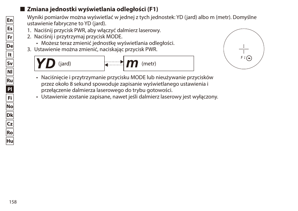 Zmiana jednostki wyświetlania odległości (f1) | Nikon 6x20 Prostaff 1000 Rangefinder User Manual | Page 158 / 276