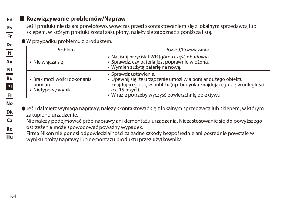 Rozwiązywanie problemów/napraw | Nikon 6x20 Prostaff 1000 Rangefinder User Manual | Page 164 / 276