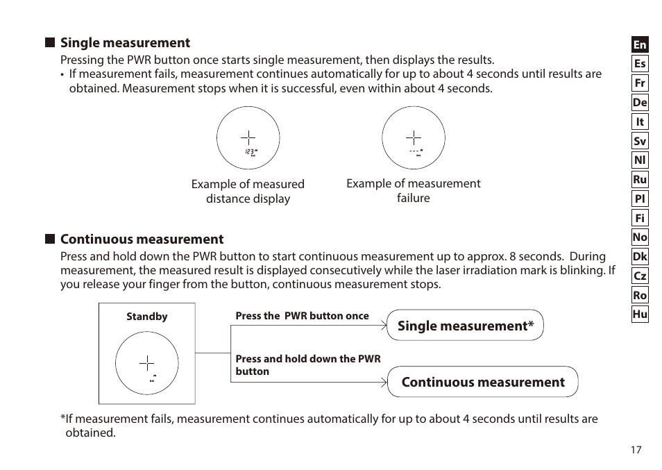 Single measurement, Continuous measurement, Single measurement continuous measurement | Nikon 6x20 Prostaff 1000 Rangefinder User Manual | Page 17 / 276