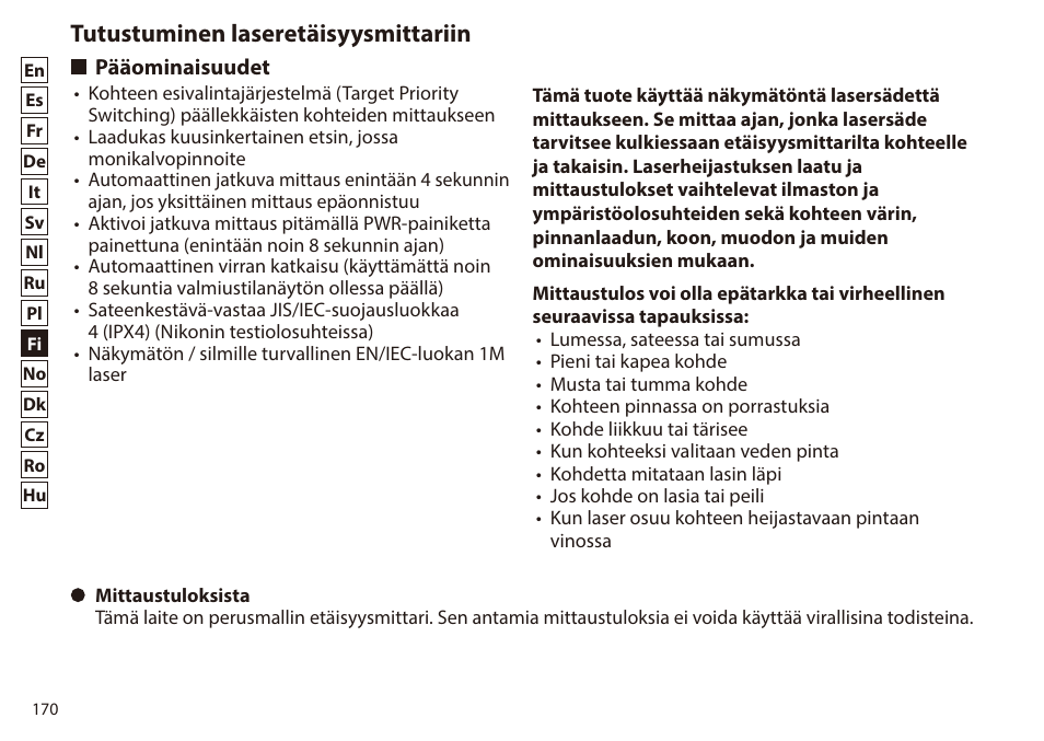 Tutustuminen laseretäisyysmittariin, Pääominaisuudet | Nikon 6x20 Prostaff 1000 Rangefinder User Manual | Page 170 / 276