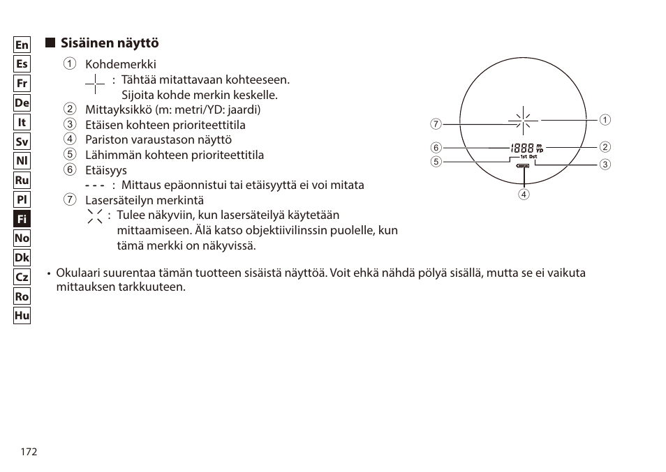 Sisäinen näyttö | Nikon 6x20 Prostaff 1000 Rangefinder User Manual | Page 172 / 276