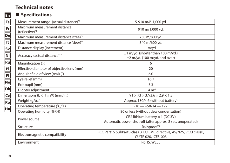 Technical notes, Specifications | Nikon 6x20 Prostaff 1000 Rangefinder User Manual | Page 18 / 276