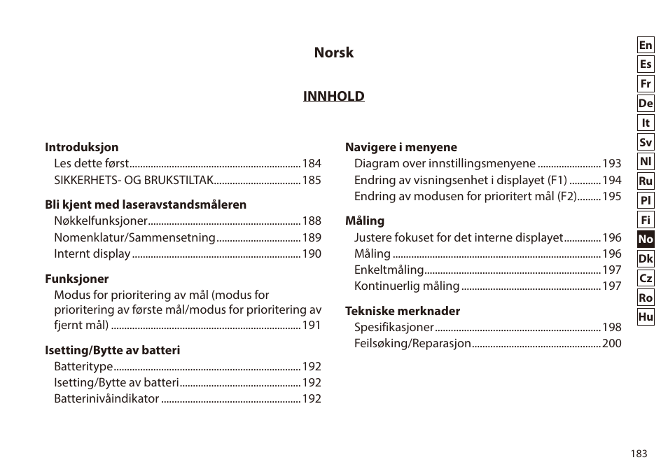 Norsk | Nikon 6x20 Prostaff 1000 Rangefinder User Manual | Page 183 / 276