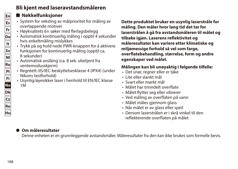 Bli kjent med laseravstandsmåleren, Nøkkelfunksjoner | Nikon 6x20 Prostaff 1000 Rangefinder User Manual | Page 188 / 276