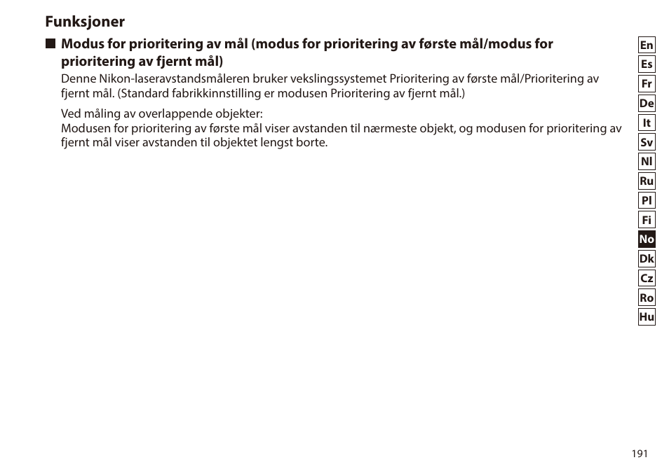 Funksjoner, Modus for prioritering av mål (modus for, Fjernt mål) | Nikon 6x20 Prostaff 1000 Rangefinder User Manual | Page 191 / 276