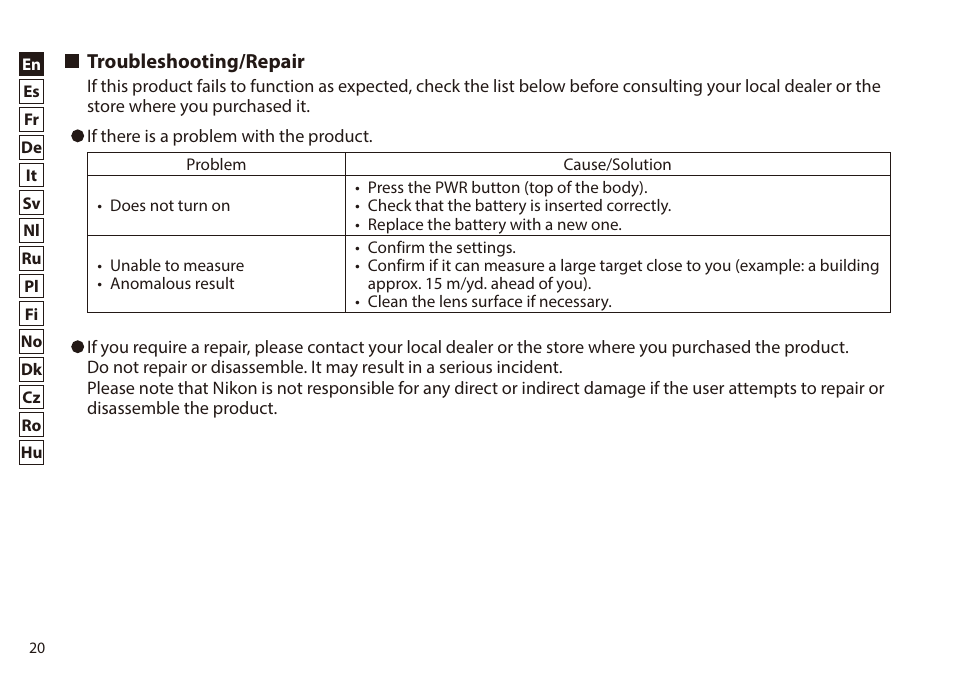 Troubleshooting/repair | Nikon 6x20 Prostaff 1000 Rangefinder User Manual | Page 20 / 276