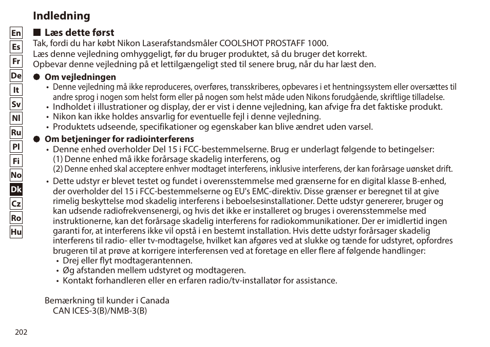 Indledning, Læs dette først | Nikon 6x20 Prostaff 1000 Rangefinder User Manual | Page 202 / 276