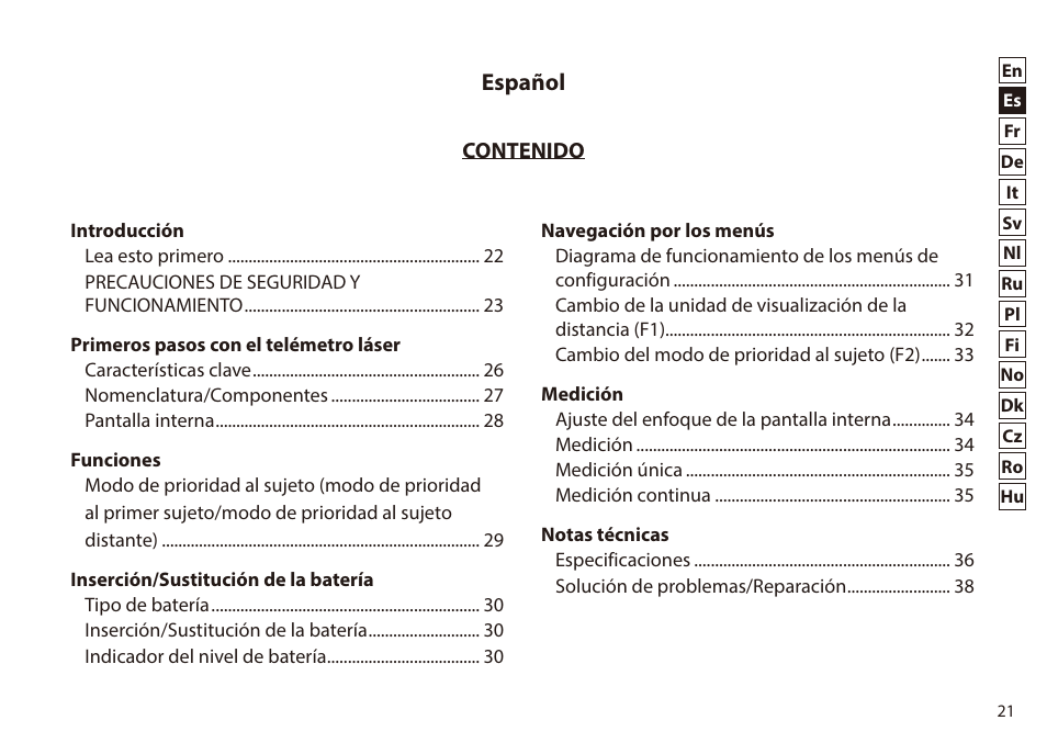 Español | Nikon 6x20 Prostaff 1000 Rangefinder User Manual | Page 21 / 276