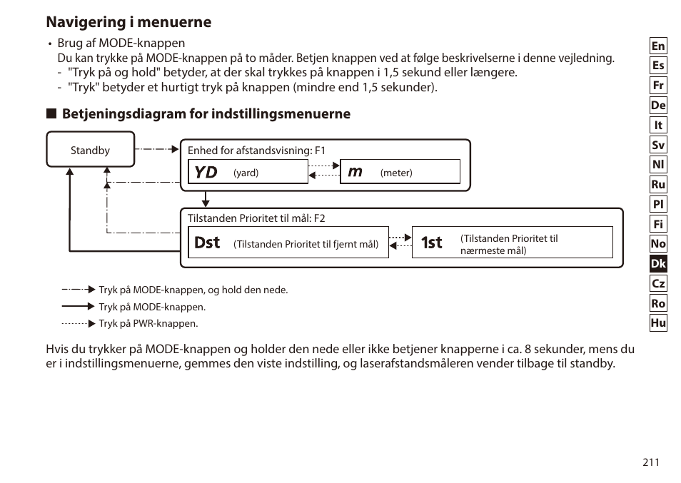 Navigering i menuerne, Betjeningsdiagram for indstillingsmenuerne | Nikon 6x20 Prostaff 1000 Rangefinder User Manual | Page 211 / 276
