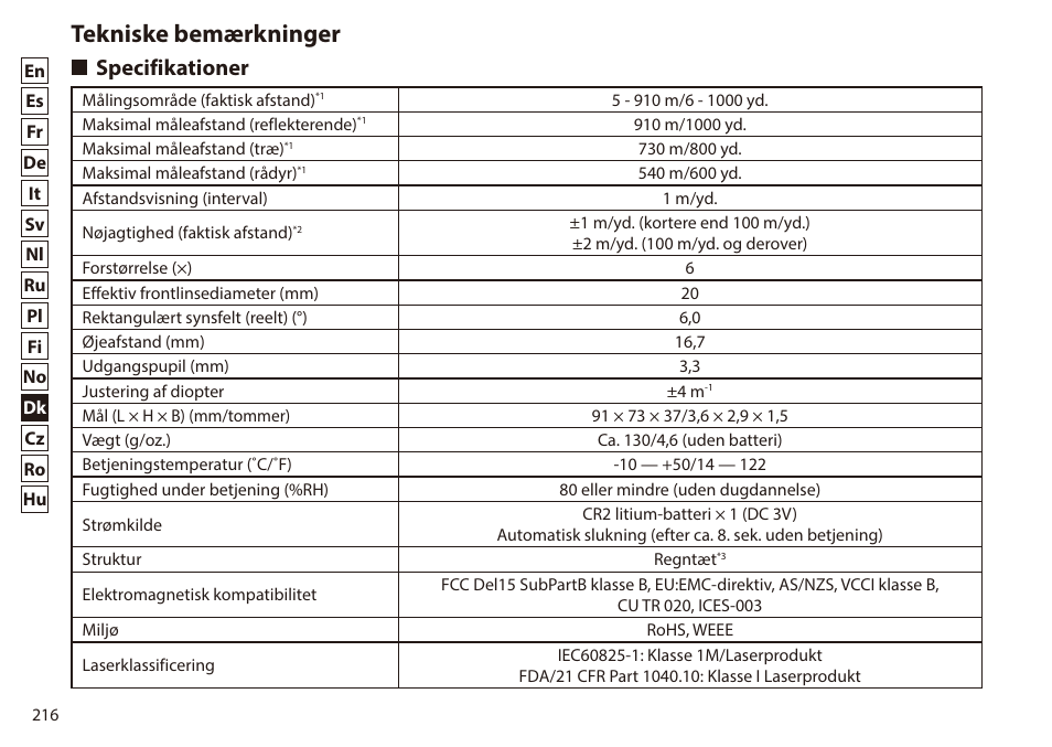 Tekniske bemærkninger, Specifikationer | Nikon 6x20 Prostaff 1000 Rangefinder User Manual | Page 216 / 276