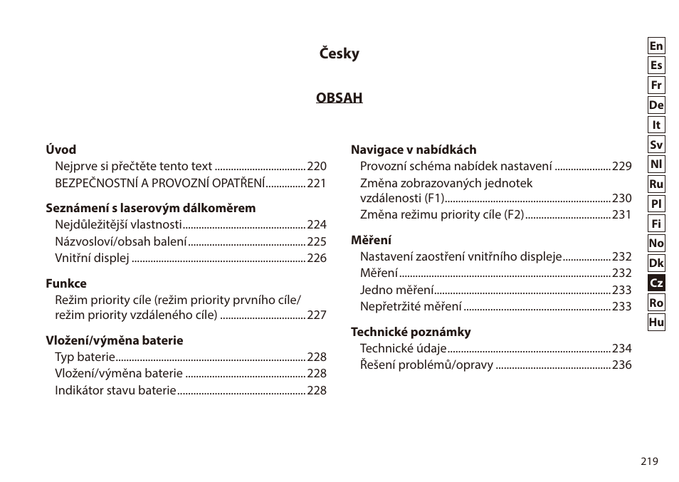 Česky | Nikon 6x20 Prostaff 1000 Rangefinder User Manual | Page 219 / 276