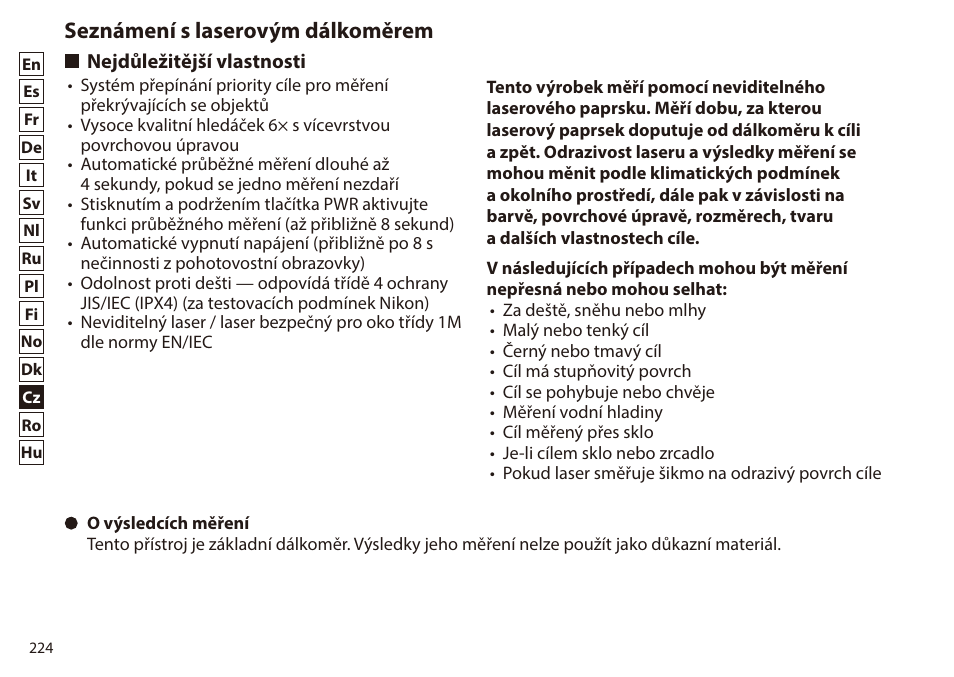 Seznámení s laserovým dálkoměrem, Nejdůležitější vlastnosti | Nikon 6x20 Prostaff 1000 Rangefinder User Manual | Page 224 / 276