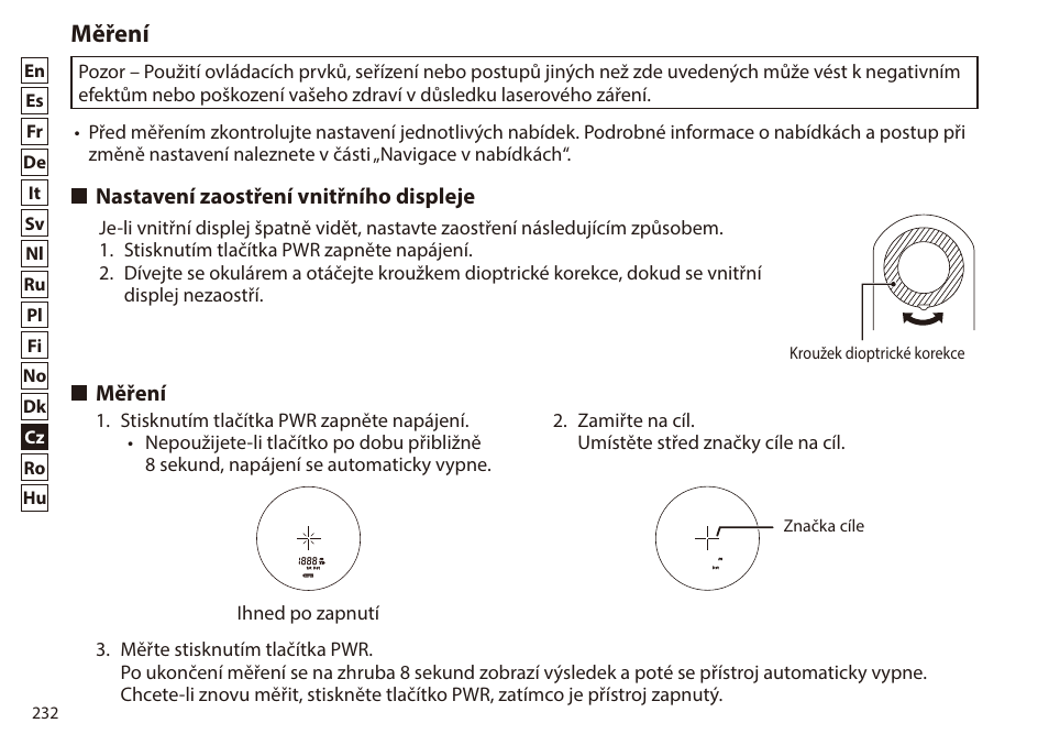 Měření, Nastavení zaostření vnitřního displeje, Nastavení zaostření vnitřního displeje měření | Nikon 6x20 Prostaff 1000 Rangefinder User Manual | Page 232 / 276