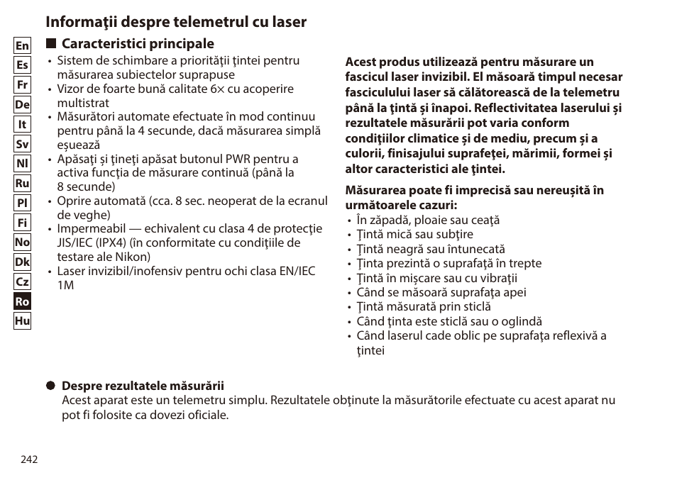 Informaţii despre telemetrul cu laser, Caracteristici principale | Nikon 6x20 Prostaff 1000 Rangefinder User Manual | Page 242 / 276