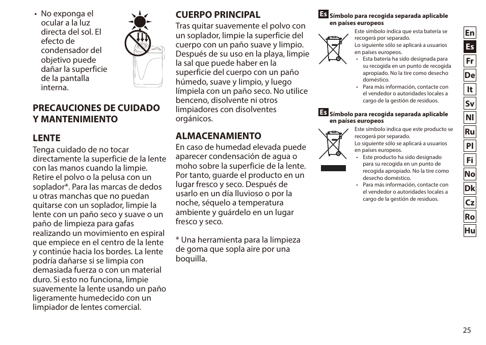 Precauciones de cuidado y mantenimiento lente, Cuerpo principal, Almacenamiento | Nikon 6x20 Prostaff 1000 Rangefinder User Manual | Page 25 / 276