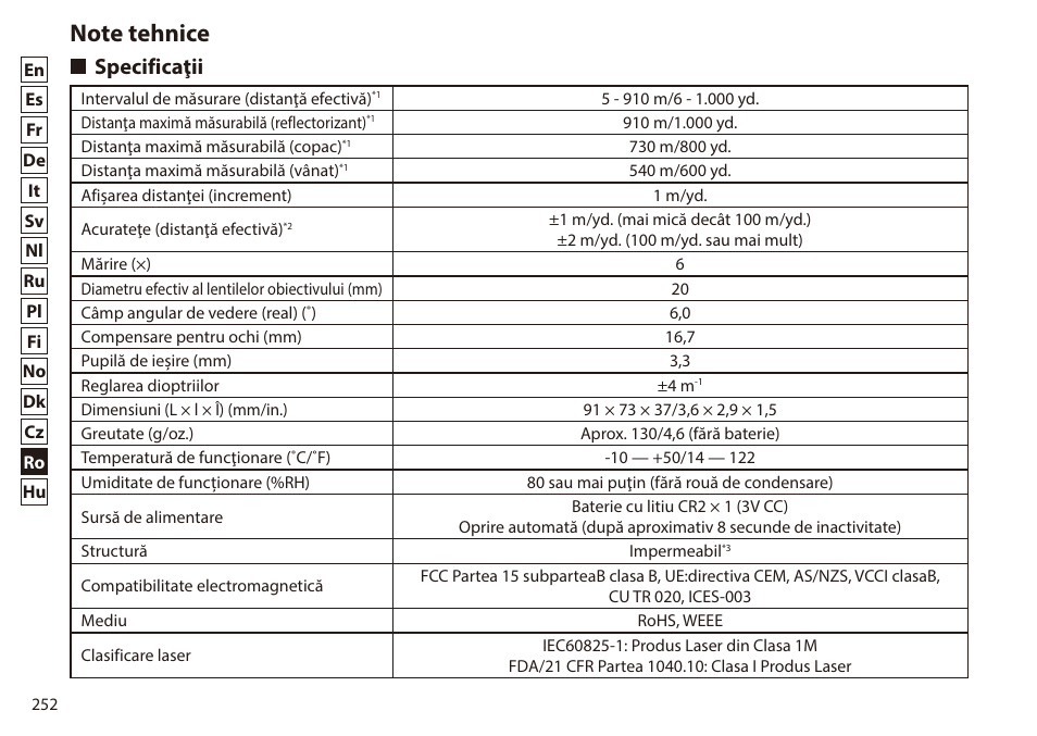 Note tehnice, Specificaţii | Nikon 6x20 Prostaff 1000 Rangefinder User Manual | Page 252 / 276