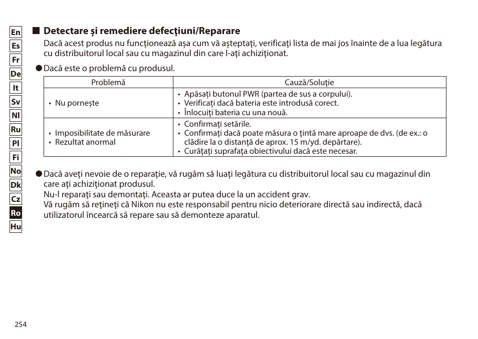 Detectare şi remediere defecţiuni/reparare | Nikon 6x20 Prostaff 1000 Rangefinder User Manual | Page 254 / 276