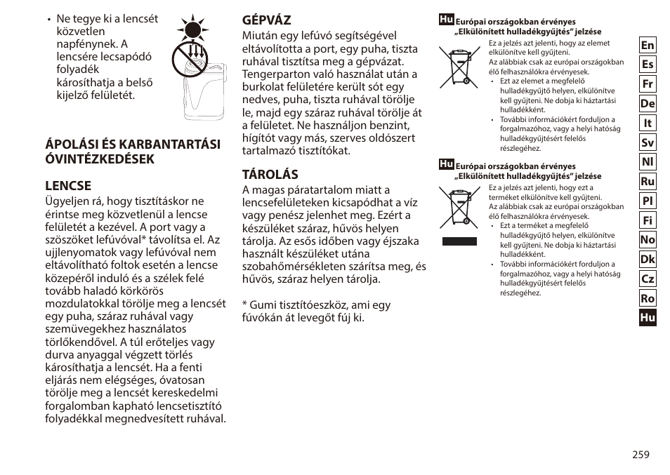 Ápolási és karbantartási óvintézkedések lencse, Gépváz, Tárolás | Nikon 6x20 Prostaff 1000 Rangefinder User Manual | Page 259 / 276