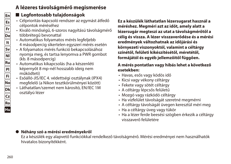 A lézeres távolságmérő megismerése, Legfontosabb tulajdonságok | Nikon 6x20 Prostaff 1000 Rangefinder User Manual | Page 260 / 276