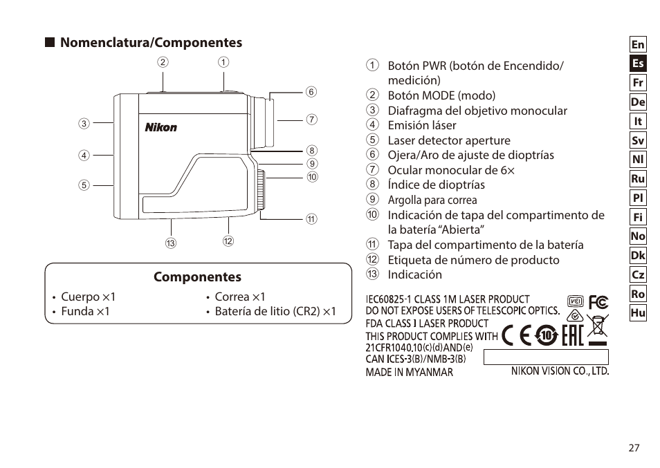 Nomenclatura/componentes, Componentes | Nikon 6x20 Prostaff 1000 Rangefinder User Manual | Page 27 / 276