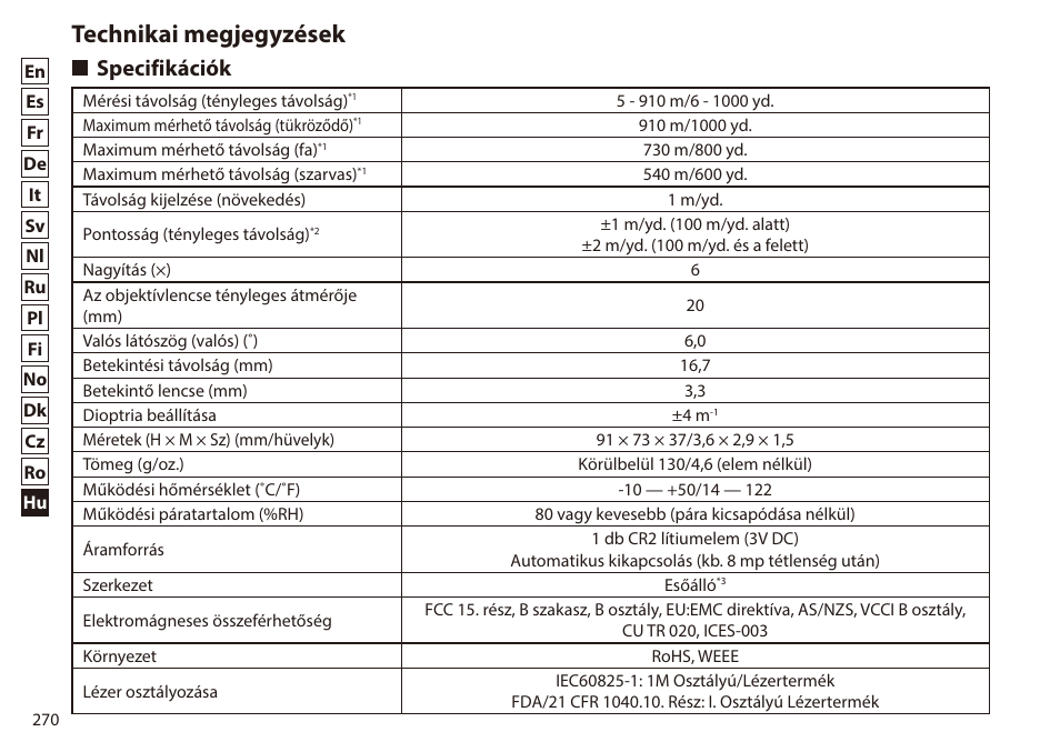 Technikai megjegyzések, Specifikációk | Nikon 6x20 Prostaff 1000 Rangefinder User Manual | Page 270 / 276